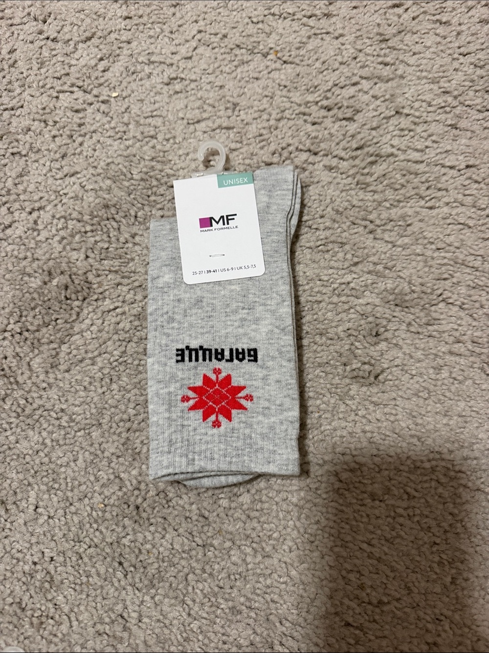 Unisex Grey Socks with Red Snowflake -